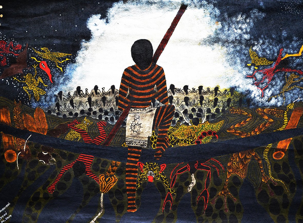 Santiago Yahuarcani, The Triumph/Emodofide, 2014, natural dyes and acrylic on tree bark. Image courtesy of the artist.